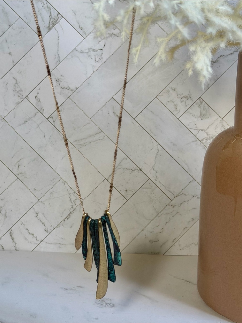 Vintage Style Patina Statement Necklace Gold Tone Teal Boho Pendant